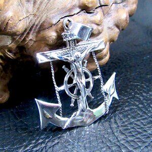 Solid 925 Sterling Silver Anchor With Helm & Crucifix Pendant - Nautical Jewelry
